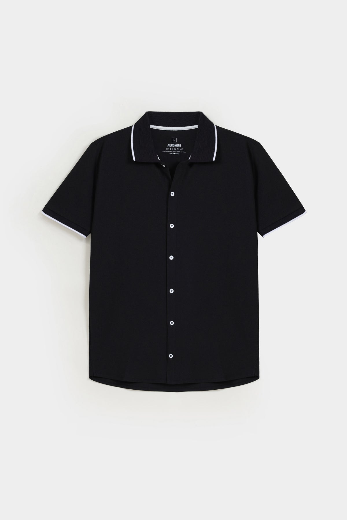 Cotton Pique Jacquard Collar Shirt - Midnight Black