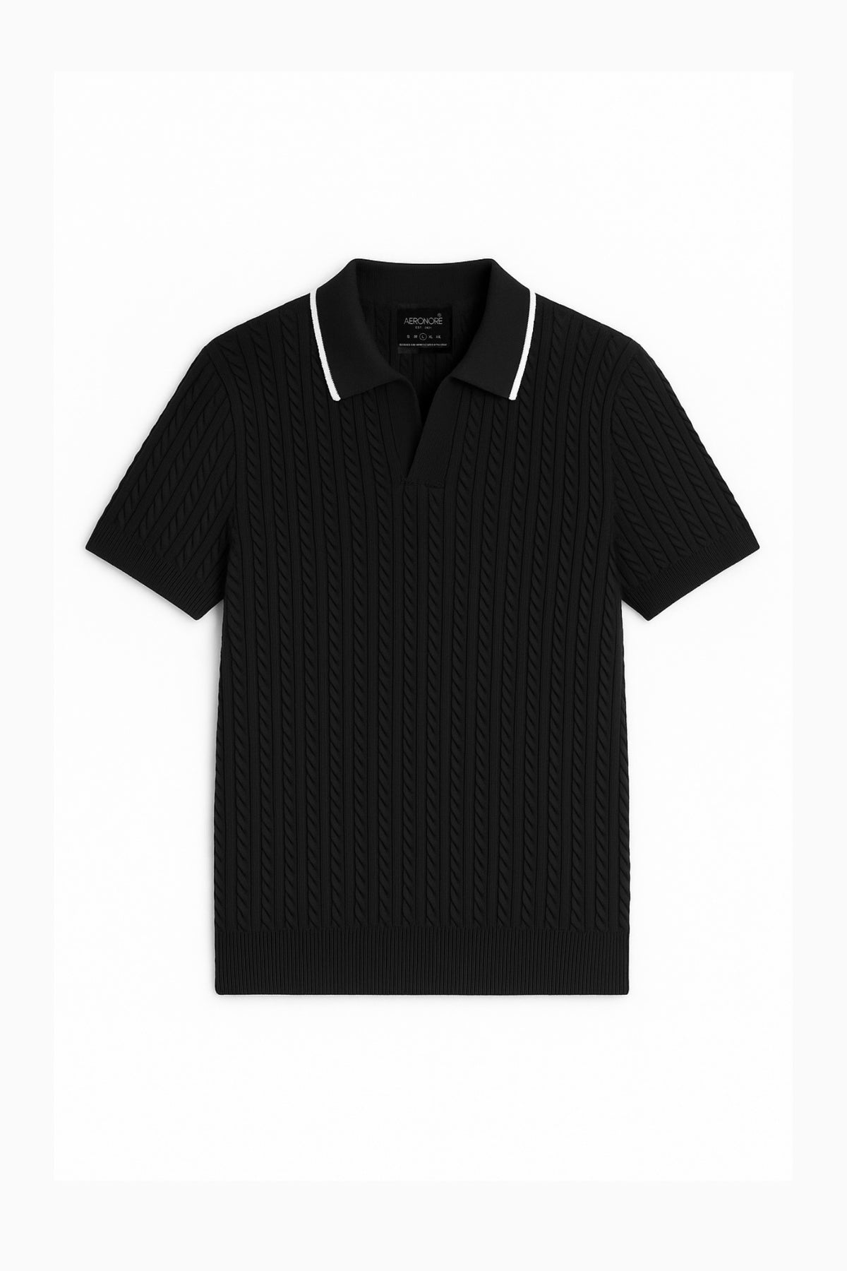 Cotton Cable Knit Polo - Midnight Black